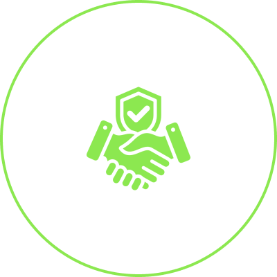 Green handshake and shield icon.